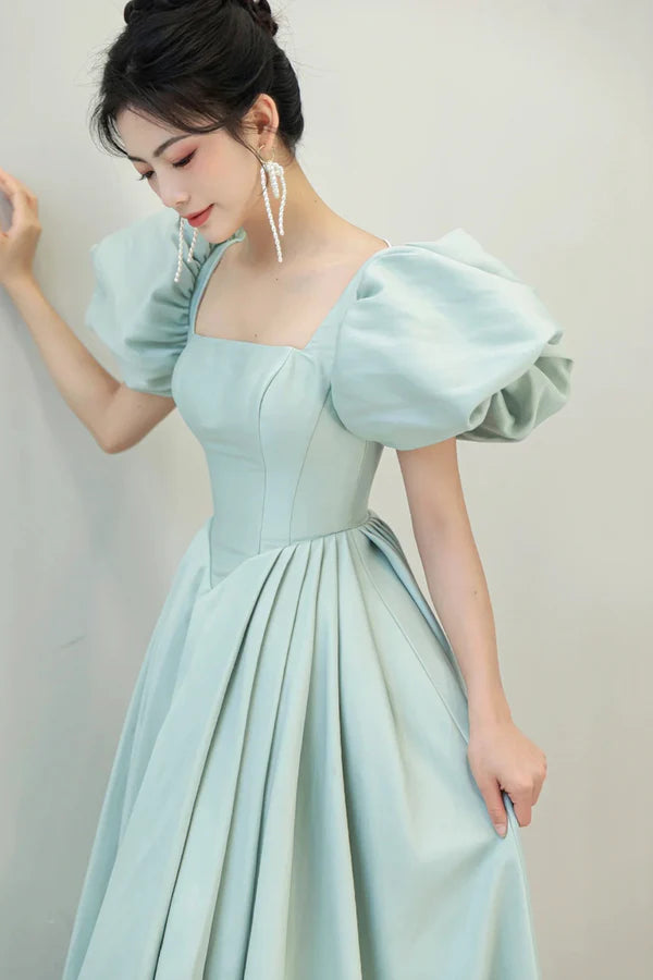 Wholesale Light Green Satin Long A-Line Prom Dress Cute Short Sleeve Evening Dress